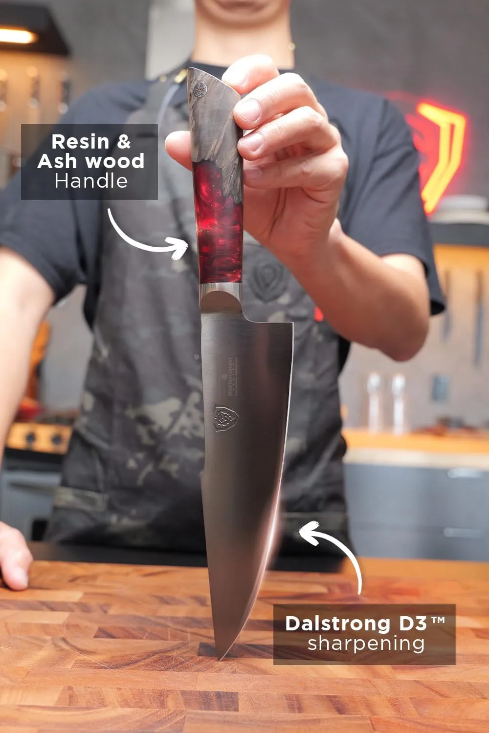Dalstrong Chef Knife - 8 inch - Spartan Ghost Series - American Forged S35VN Powdered Steel Kitchen Knife - Maple & Red Resin Handle - Razor Sharp Cooking Knife