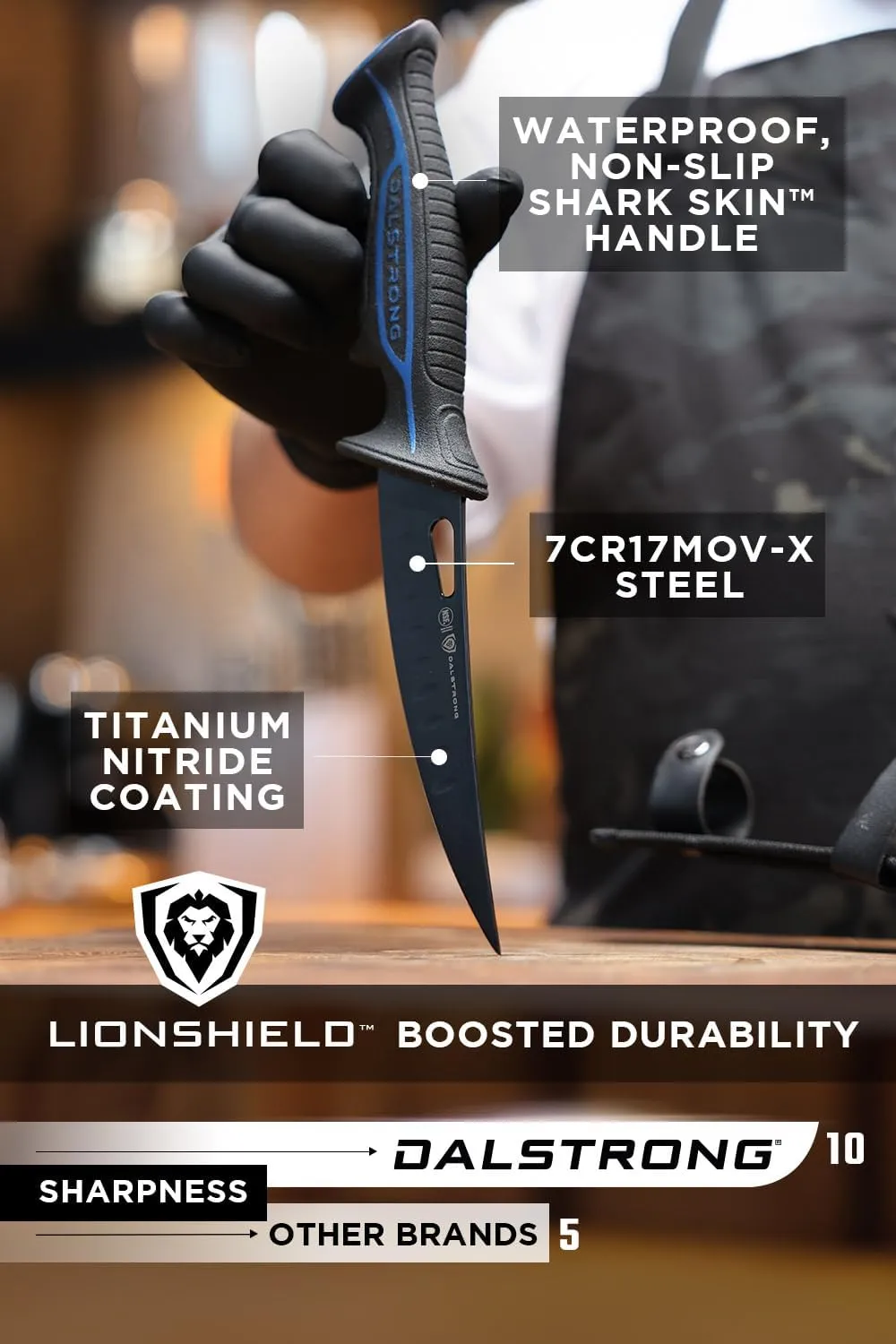 Dalstrong Curved Boning Knife-6”-Night Shark Series-7CR17MOV High Carbon Steel - Titanium Coated Blade Fillet Knife for Meat for Outdoors & Fishing-Polypropylene Handle-w/Sheath-NSF Certified