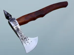 Damascus Depot Voyager Axe, 15 Inches Long High Carbon Steel with Axe Head wit Walnut Wood Round Handle Bearded Hiking Battle Axe, Thick Cow Hide Leather Sheath