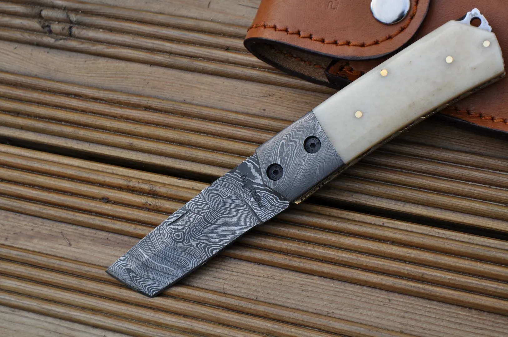Damascus Steel Folding Knife - Pocket knife-Tanto blade