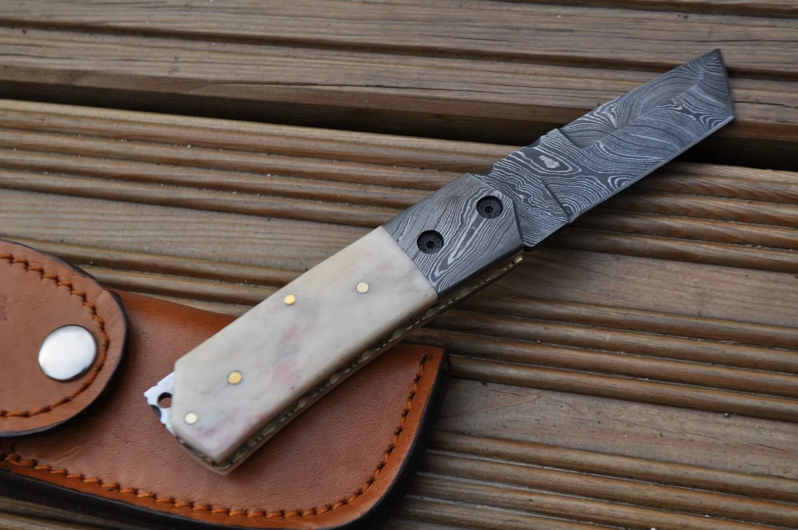 Damascus Steel Folding Knife - Pocket knife-Tanto blade