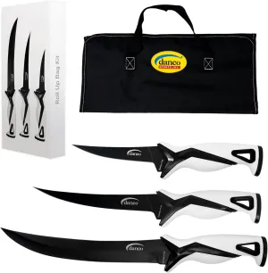 danco Pro Series Roll Up Bag Kit | 5" & 7" Fillet Knives and 9" Stout Knife | Full Tang German G4116 Stainless-Steel Blades with Teflon Coating, Nylon Roll Up Sheath, (White)
