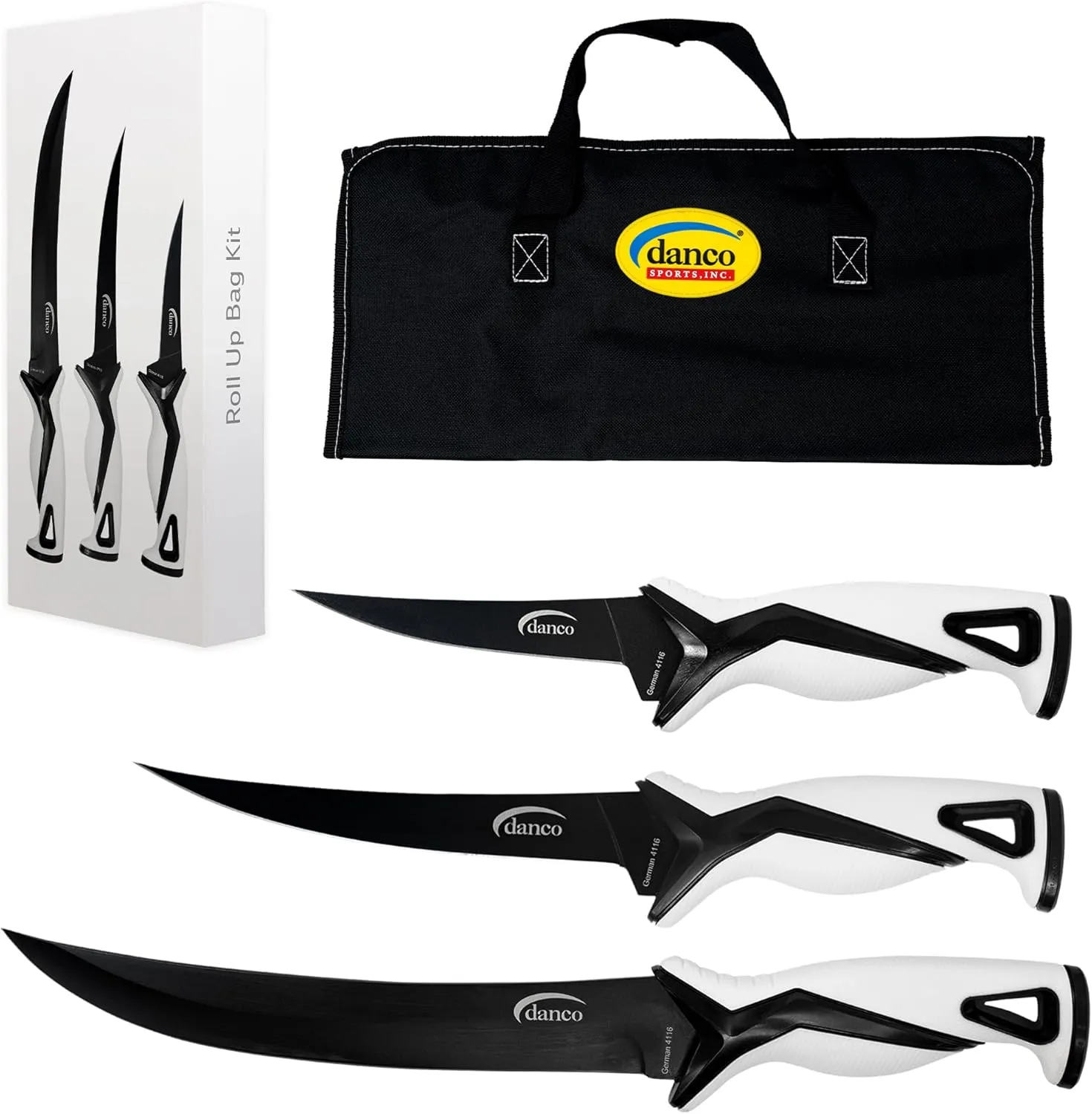 danco Pro Series Roll Up Bag Kit | 5" & 7" Fillet Knives and 9" Stout Knife | Full Tang German G4116 Stainless-Steel Blades with Teflon Coating, Nylon Roll Up Sheath, (White)