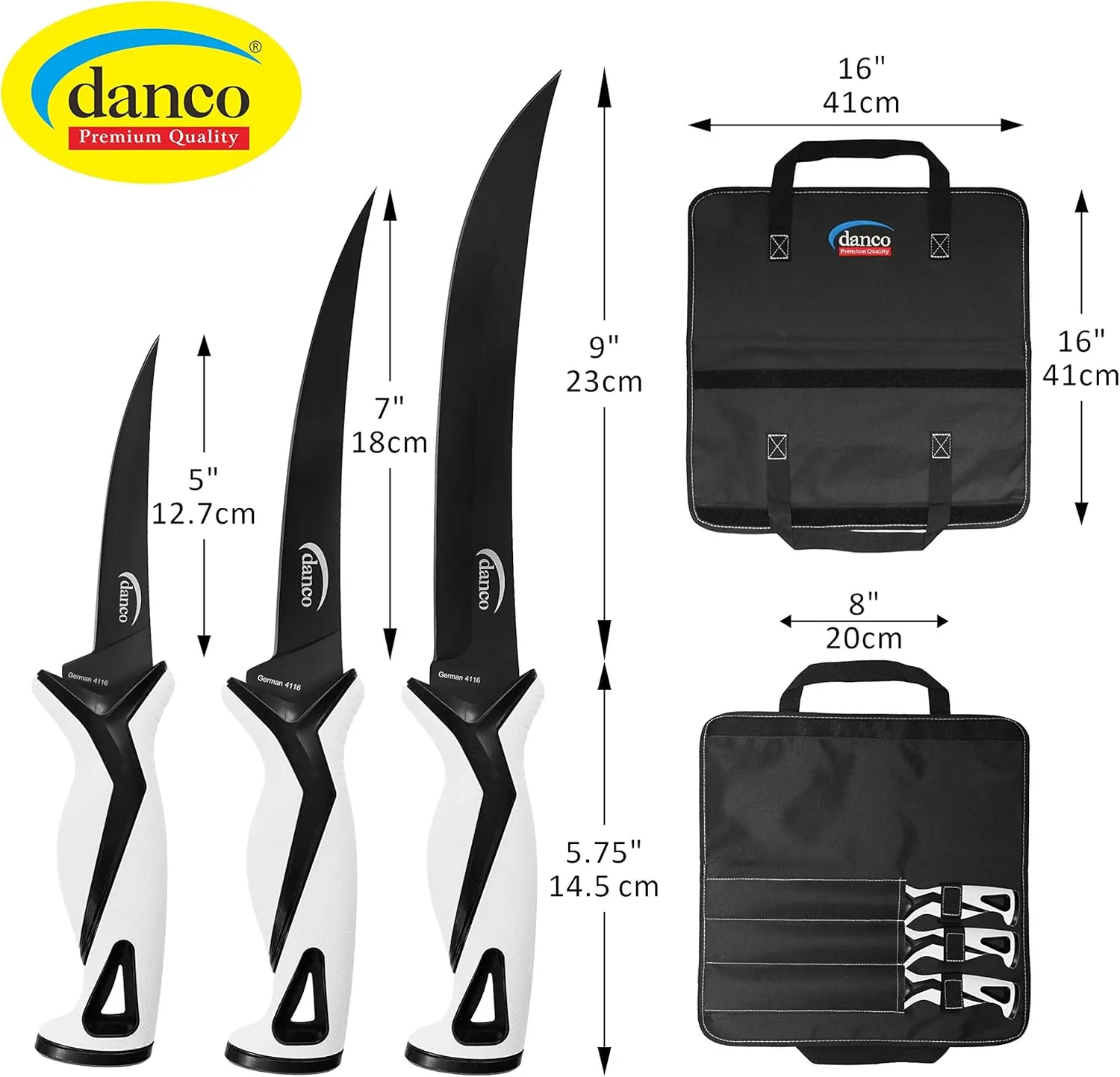 danco Pro Series Roll Up Bag Kit | 5" & 7" Fillet Knives and 9" Stout Knife | Full Tang German G4116 Stainless-Steel Blades with Teflon Coating, Nylon Roll Up Sheath, (White)