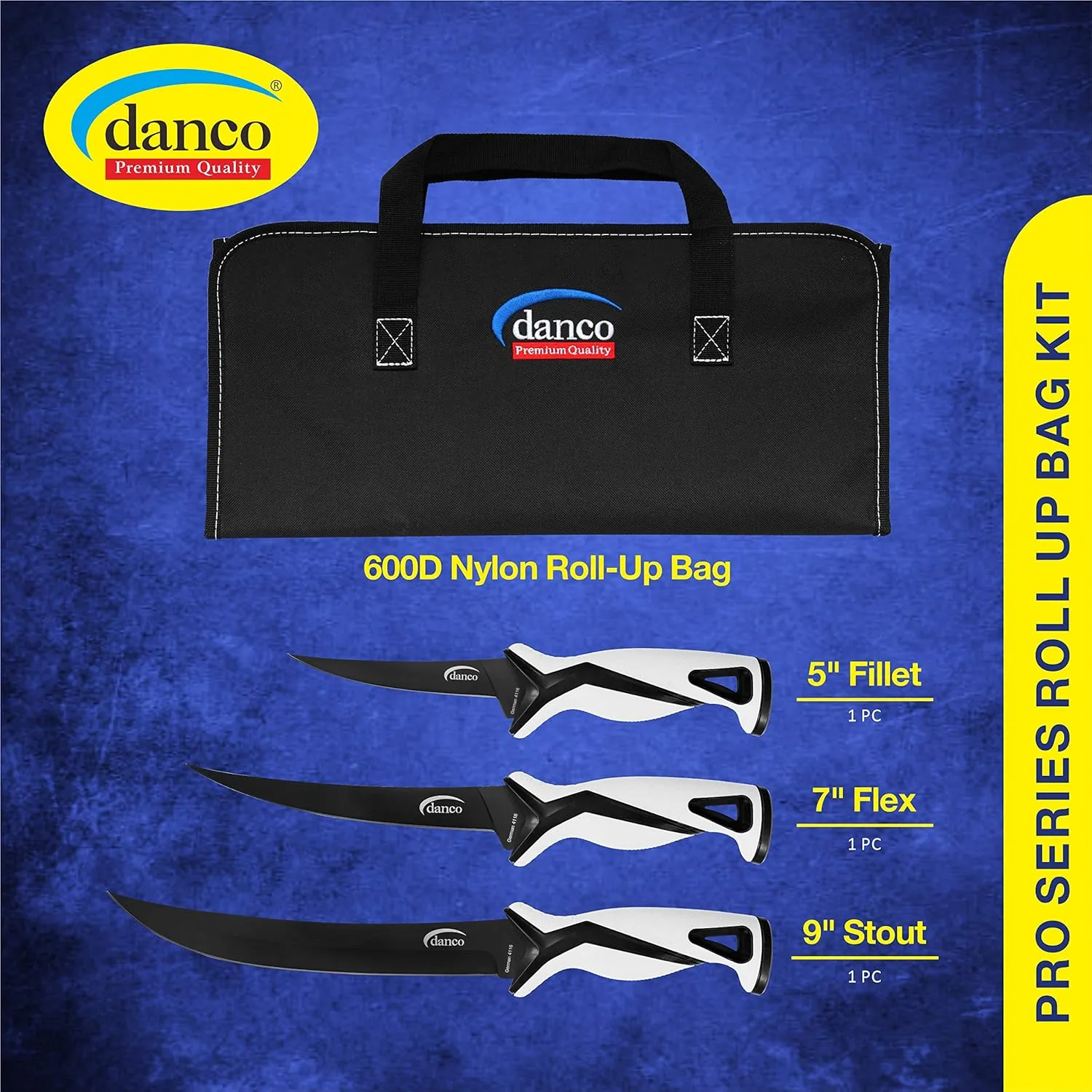 danco Pro Series Roll Up Bag Kit | 5" & 7" Fillet Knives and 9" Stout Knife | Full Tang German G4116 Stainless-Steel Blades with Teflon Coating, Nylon Roll Up Sheath, (White)