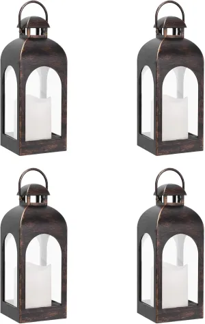 Decor Modern Farmhouse Lantern Decor Set of 4, Black Metal Candle Lanterns, Wooden Lanterns Decorative w/Timer & Remote-Controlled Flickering Candles for Home, Indoor, Table, Fireplace Mantle Décor