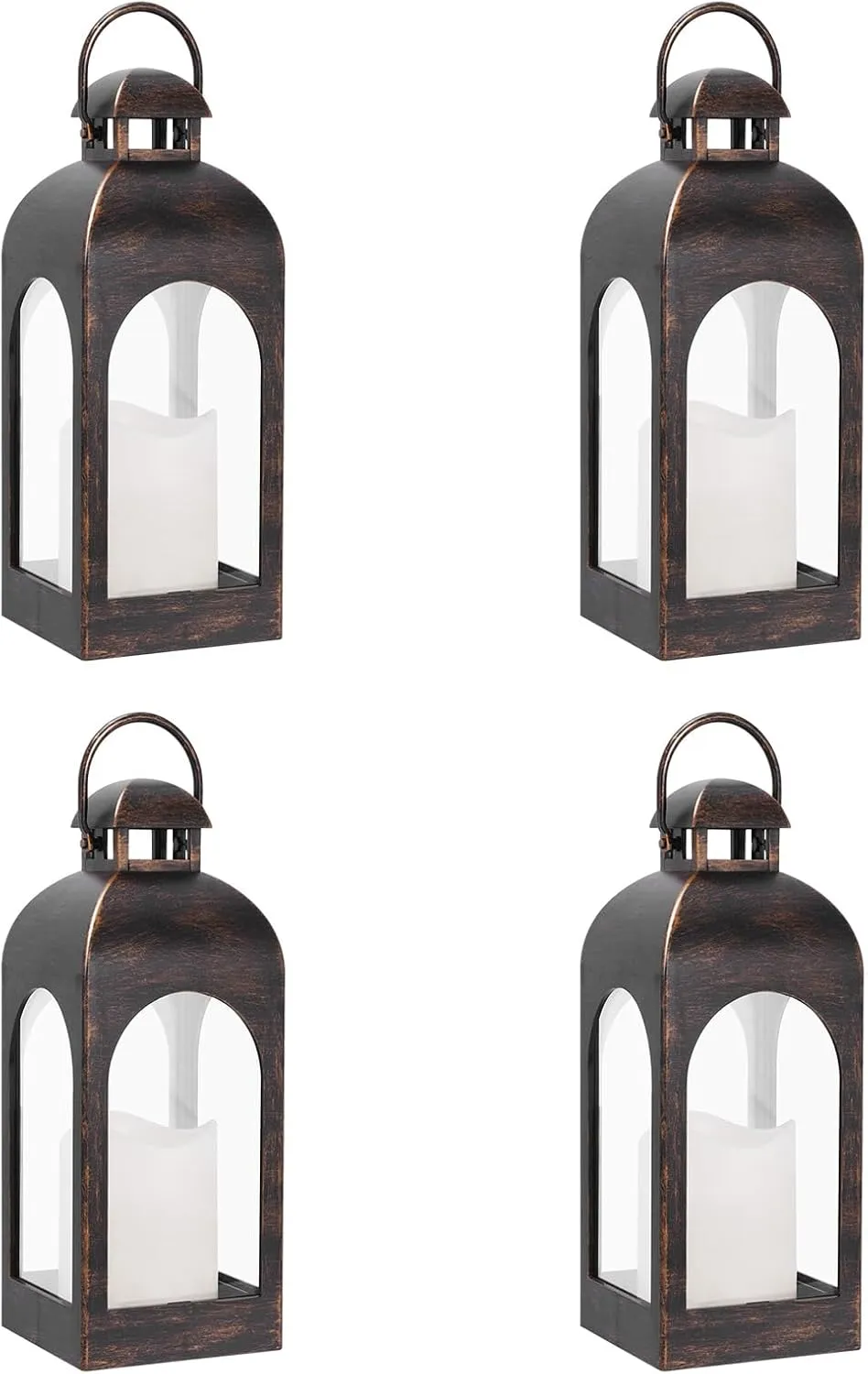 Decor Modern Farmhouse Lantern Decor Set of 4, Black Metal Candle Lanterns, Wooden Lanterns Decorative w/Timer & Remote-Controlled Flickering Candles for Home, Indoor, Table, Fireplace Mantle Décor
