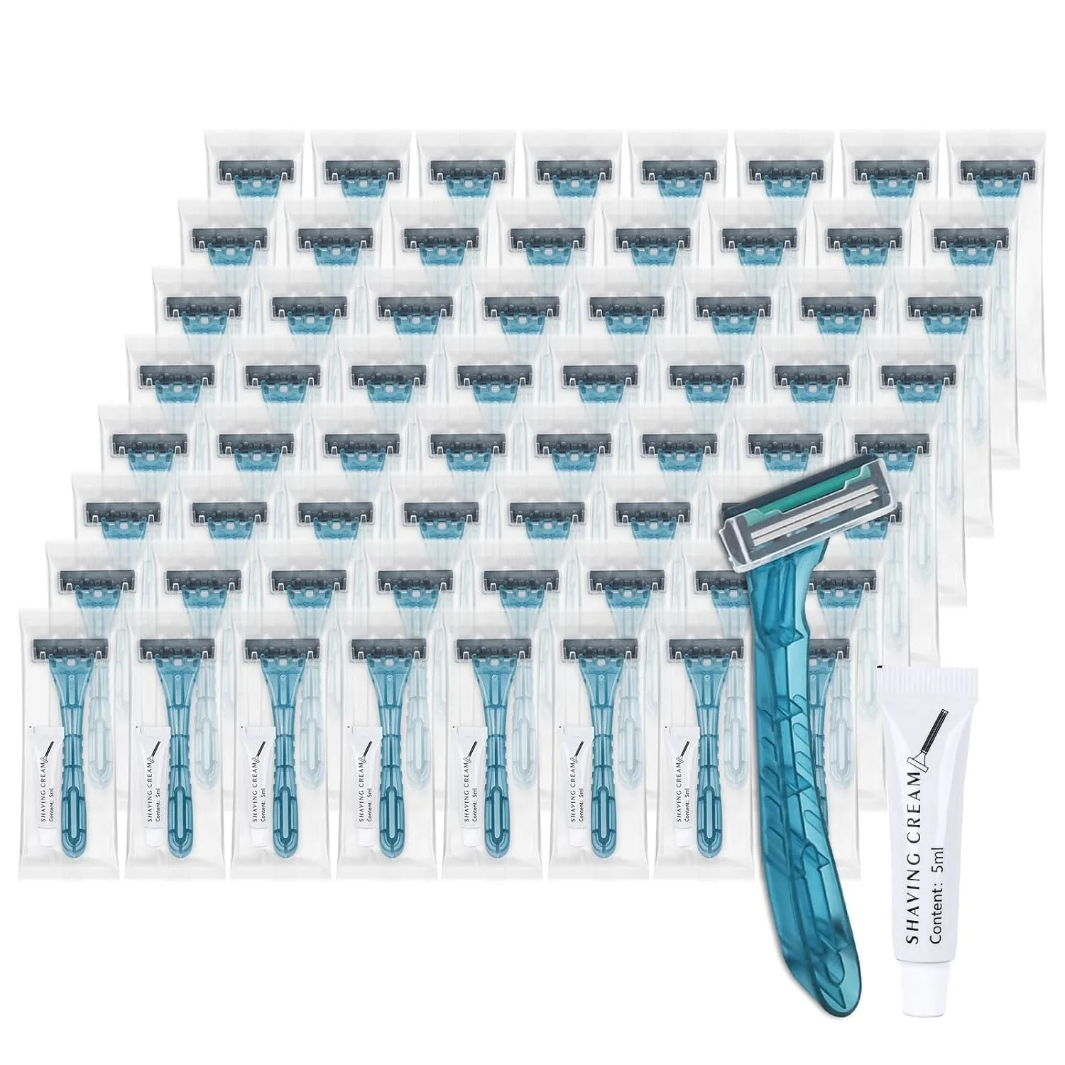 Disposable Razors Bulk, Blue Razors Individually Wrapped Bulk, With Shaving Cream For Hotels, Shelters, Homeless, Nursing Homes, Charities, Churches (60-PACK)