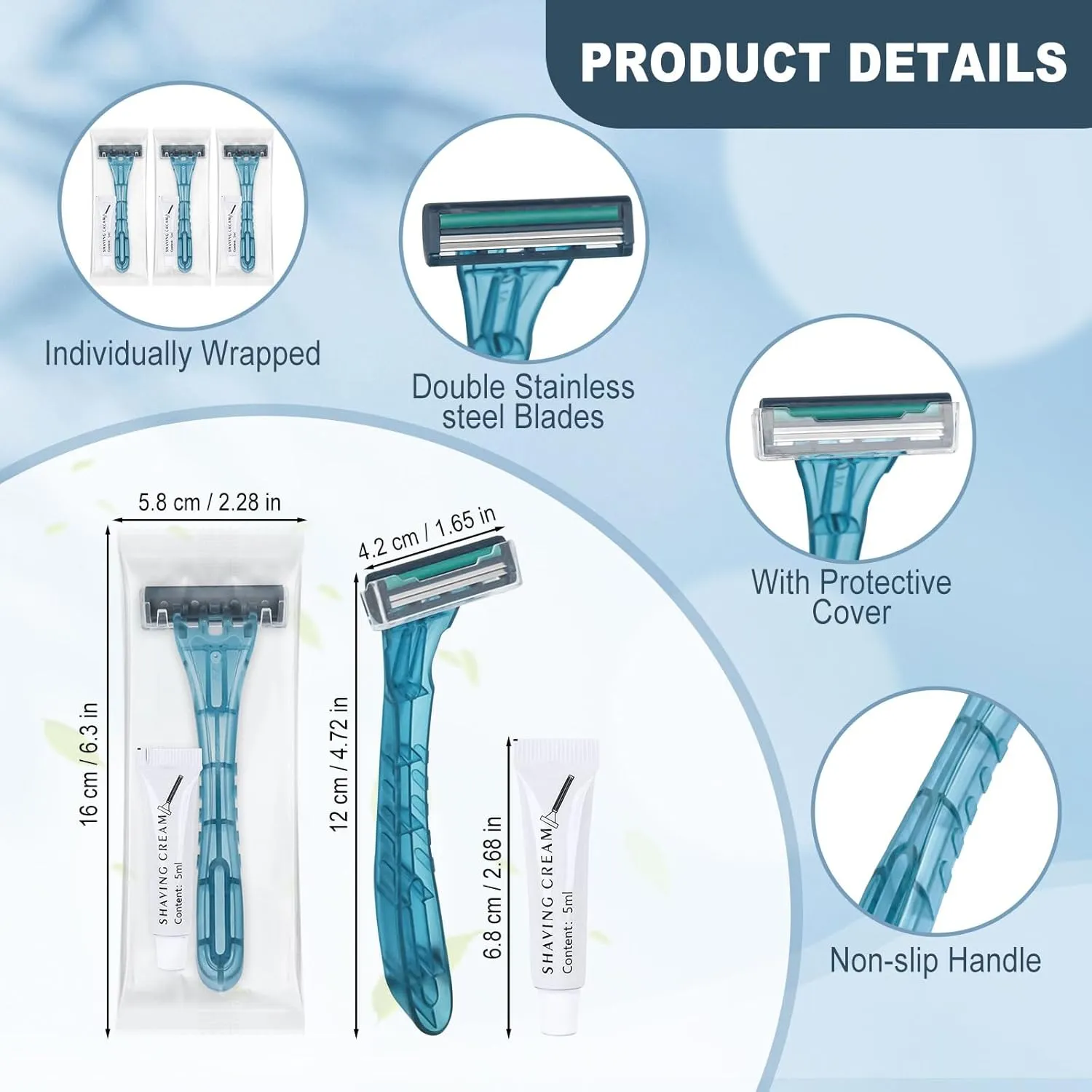 Disposable Razors Bulk, Blue Razors Individually Wrapped Bulk, With Shaving Cream For Hotels, Shelters, Homeless, Nursing Homes, Charities, Churches (60-PACK)