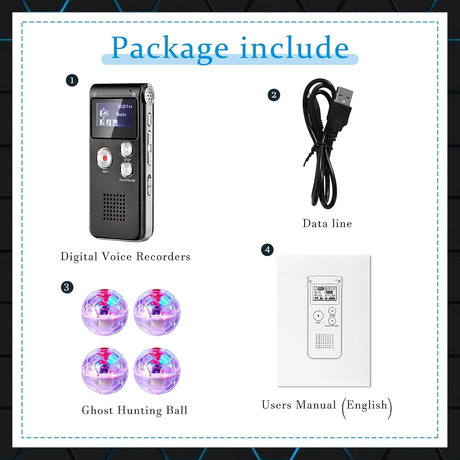 Dunzy 5 Pcs Ghost Hunting Kit Includes Digital Voice Recorders with 4 LED Cat Balls Motion Activated Cat Ball Toy Voice Activated Recorder with Playback for Pet Dog Animals(Black)