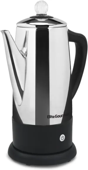 Elite Gourmet EC812 Electric 12-Cup Coffee Percolator with Keep Warm, Clear Brew Progress Knob Cool-Touch Handle Cord-less Serve, Stainless Steel