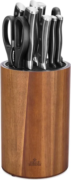 Enoking Universal Knife Block Holder with Plastic Lid, Acacia Wood Knife Block without Knives for Scissors, Sharpening Rod and Knives, Round Knife Storage Organizer Display