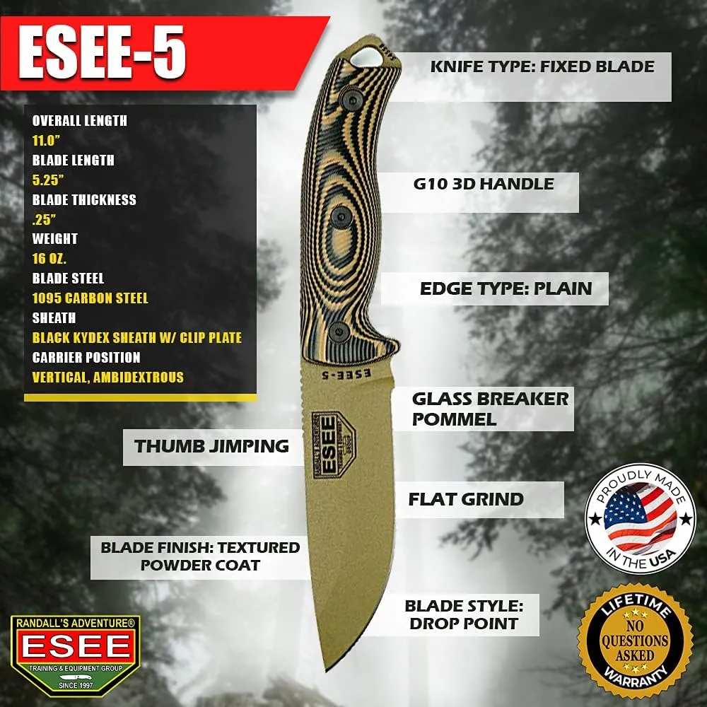 ESEE-5 Fixed Blade Knife, 3D Contoured Handle, 1095 Carbon Steel, Ambidextrous Kydex Sheath, Made in USA