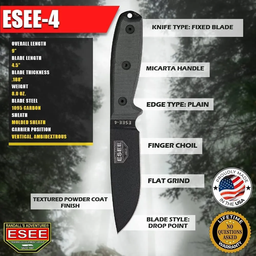 ESEE Knives 4P Fixed Blade Knife w/Handle and Molded Polymer Sheath (Black Blade/Grey Micarta Handle/Coyote Tan Sheath)