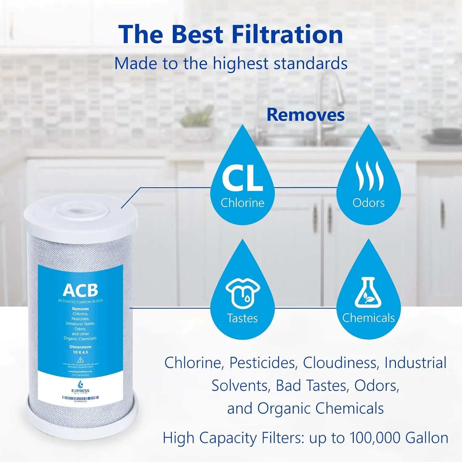 Express Water – Water Filter Activated Carbon Block Replacement Filter – ACB Large Capacity Water Filter – Whole House Filtration – 5 Micron Water Filter – 4.5” x 10” inch…