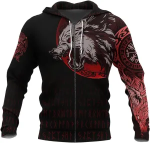 Fenrir Wolf 3D Print Hoodie Viking Compass Sweatshirt, Men's Full Zip Pullover, Casual Tracksuit Jacket Streetwear,Zip,S