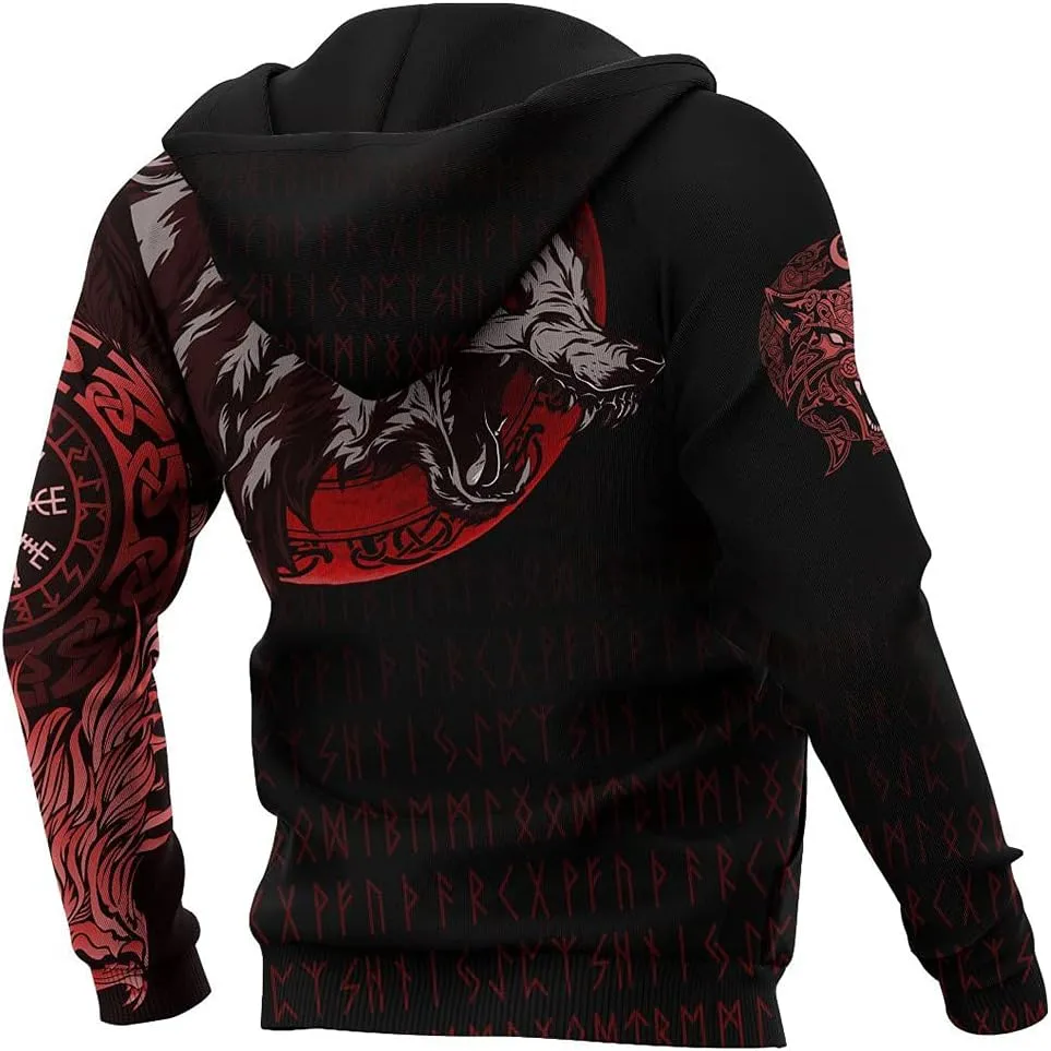 Fenrir Wolf 3D Print Hoodie Viking Compass Sweatshirt, Men's Full Zip Pullover, Casual Tracksuit Jacket Streetwear,Zip,S