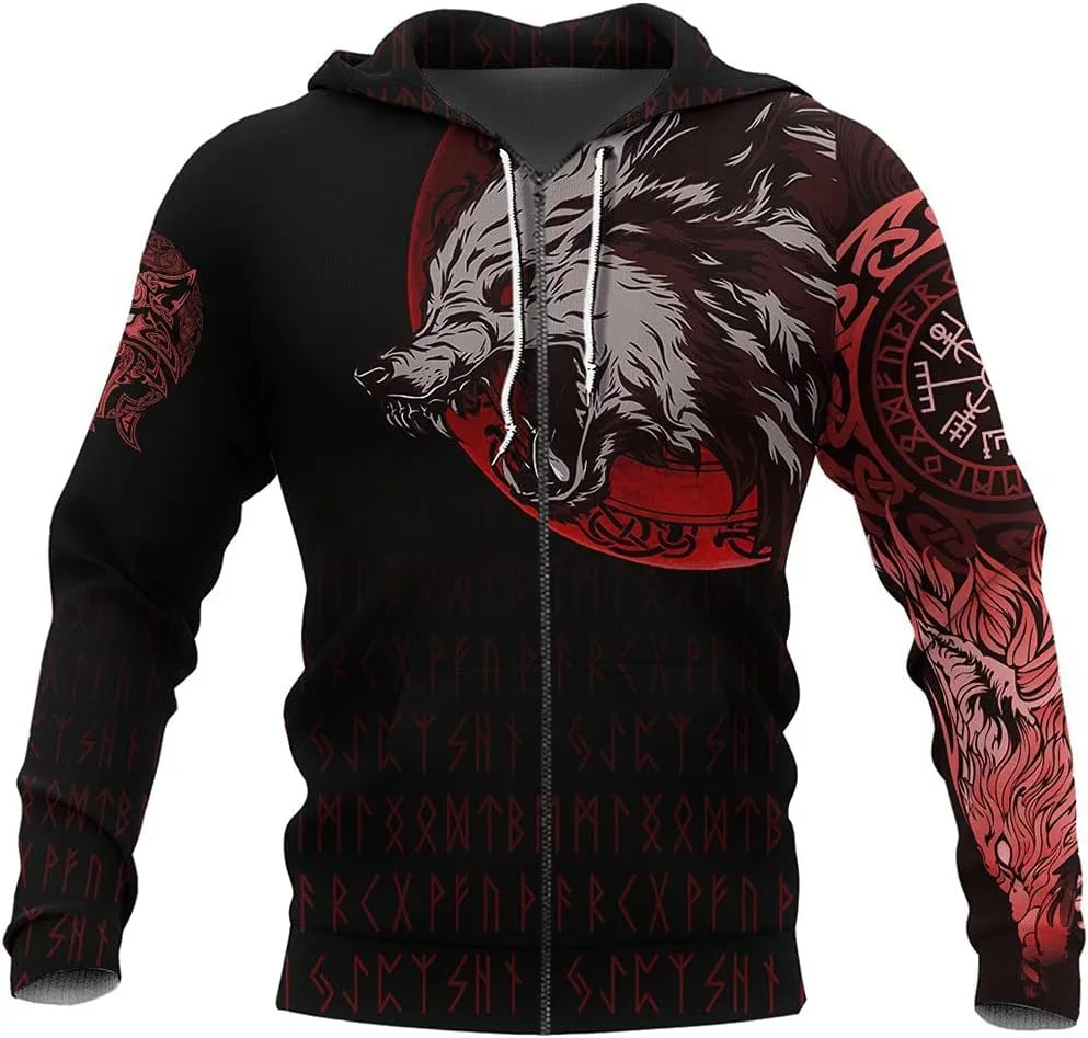 Fenrir Wolf 3D Print Hoodie Viking Compass Sweatshirt, Men's Full Zip Pullover, Casual Tracksuit Jacket Streetwear,Zip,S