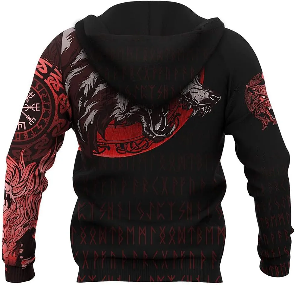 Fenrir Wolf 3D Print Hoodie Viking Compass Sweatshirt, Men's Full Zip Pullover, Casual Tracksuit Jacket Streetwear,Zip,S