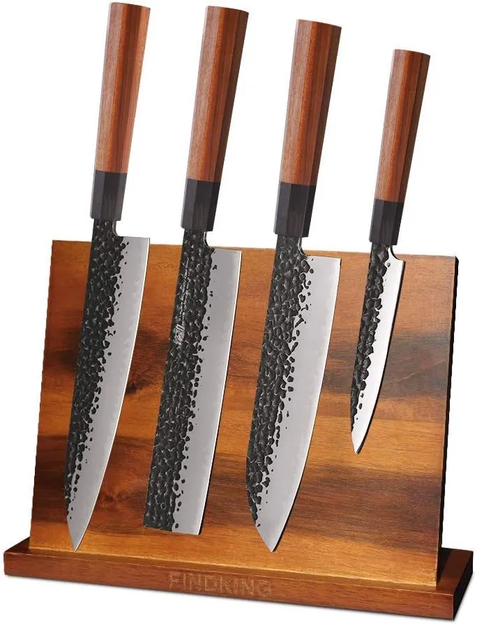 FINDKING 4pcs in one Kitchen Knife Set with Teak Wood Magnetic Knife Block Dynasty series-3 layer 9CR18MOV Clad Steel W/Octagon Handle Knife Set