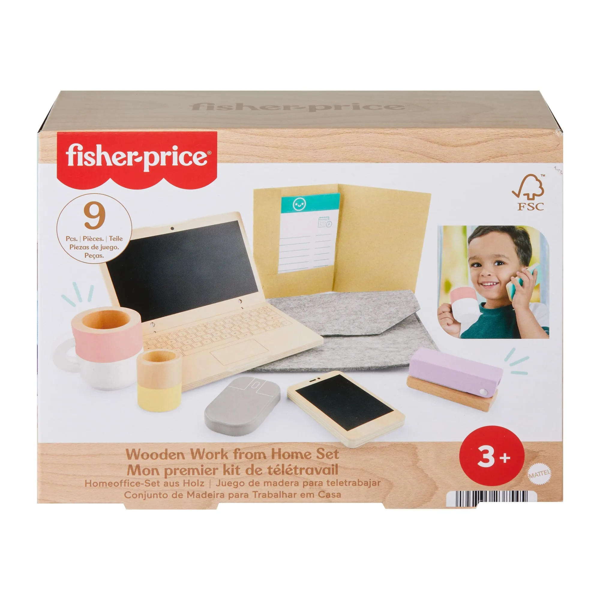 Fisher-Price-Coffret Télétravail En Bois-Lot De 9 Éléments De Bureau