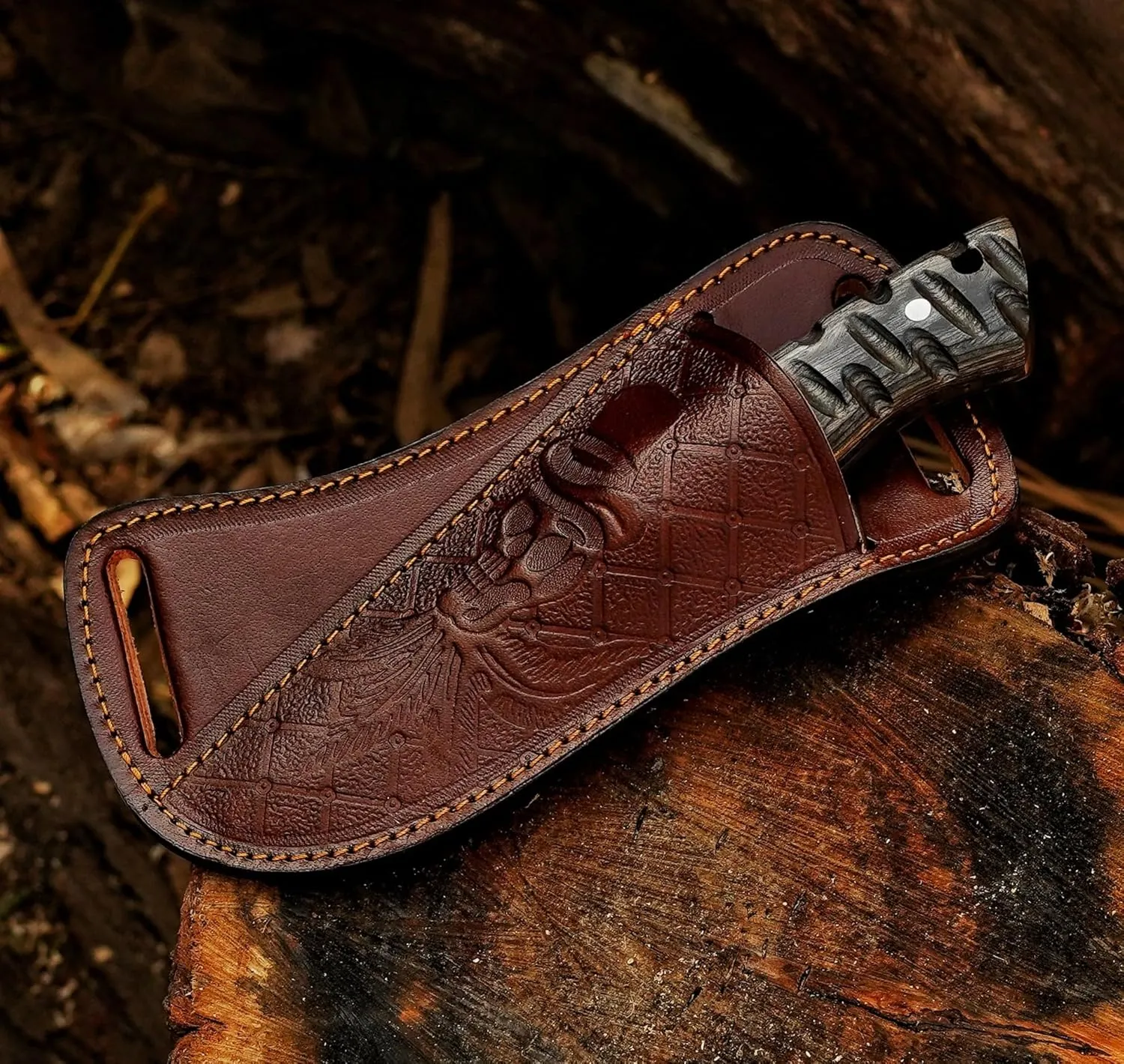 Fixed Blade Carbon Steel Hunting Knife with Leather Sheath, 8'' Full Tang Hunting Skinning and Camping Knife for Hiking and Survival (Black Wood)