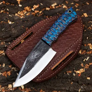 Fixed Blade Handmade 1095 Carbon Steel Bushcraft Knife, Pakka Wood Handle Designed for Hunting Camping and Survival / skinner knife / cowboy knives with pancake leather sheath /Cross Draw / EDC knife (blue pakka)