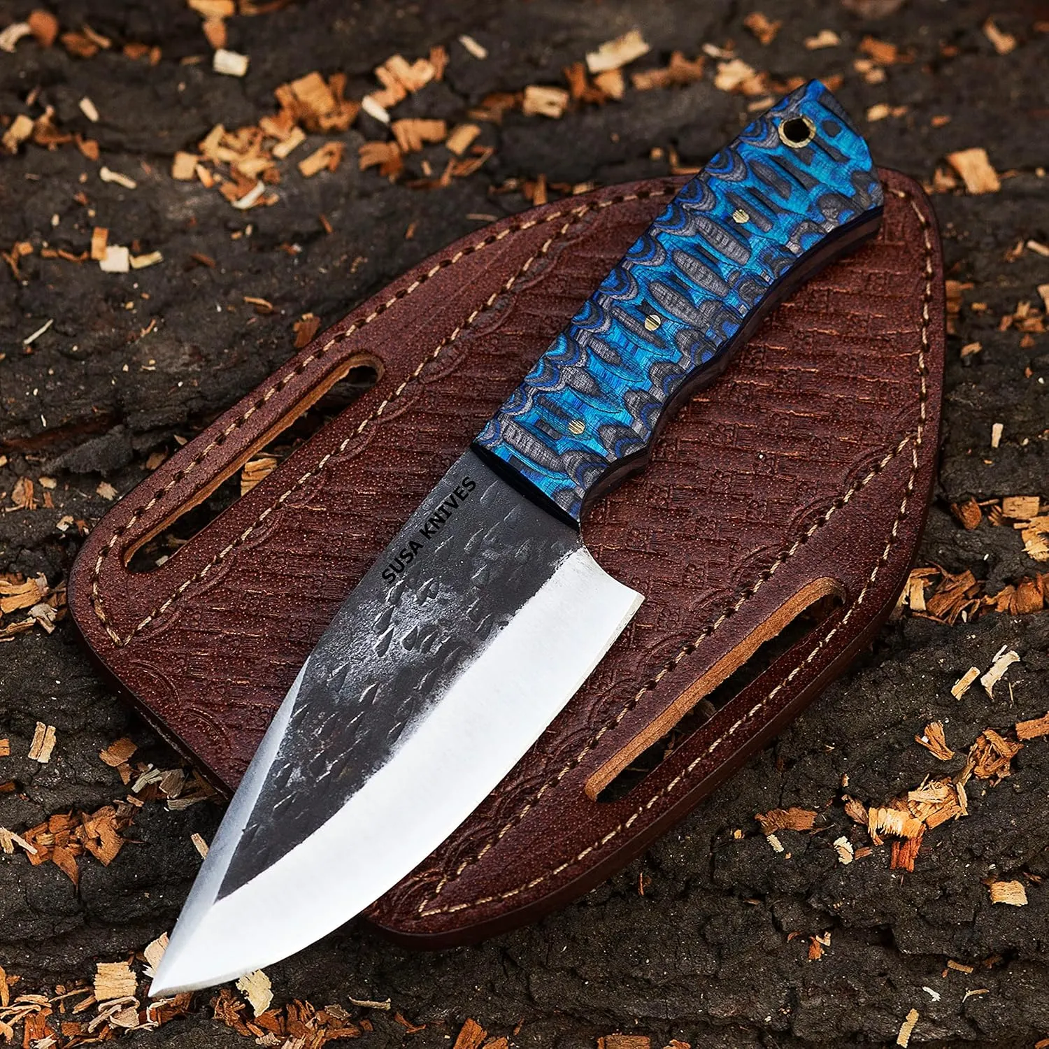 Fixed Blade Handmade 1095 Carbon Steel Bushcraft Knife, Pakka Wood Handle Designed for Hunting Camping and Survival / skinner knife / cowboy knives with pancake leather sheath /Cross Draw / EDC knife (blue pakka)