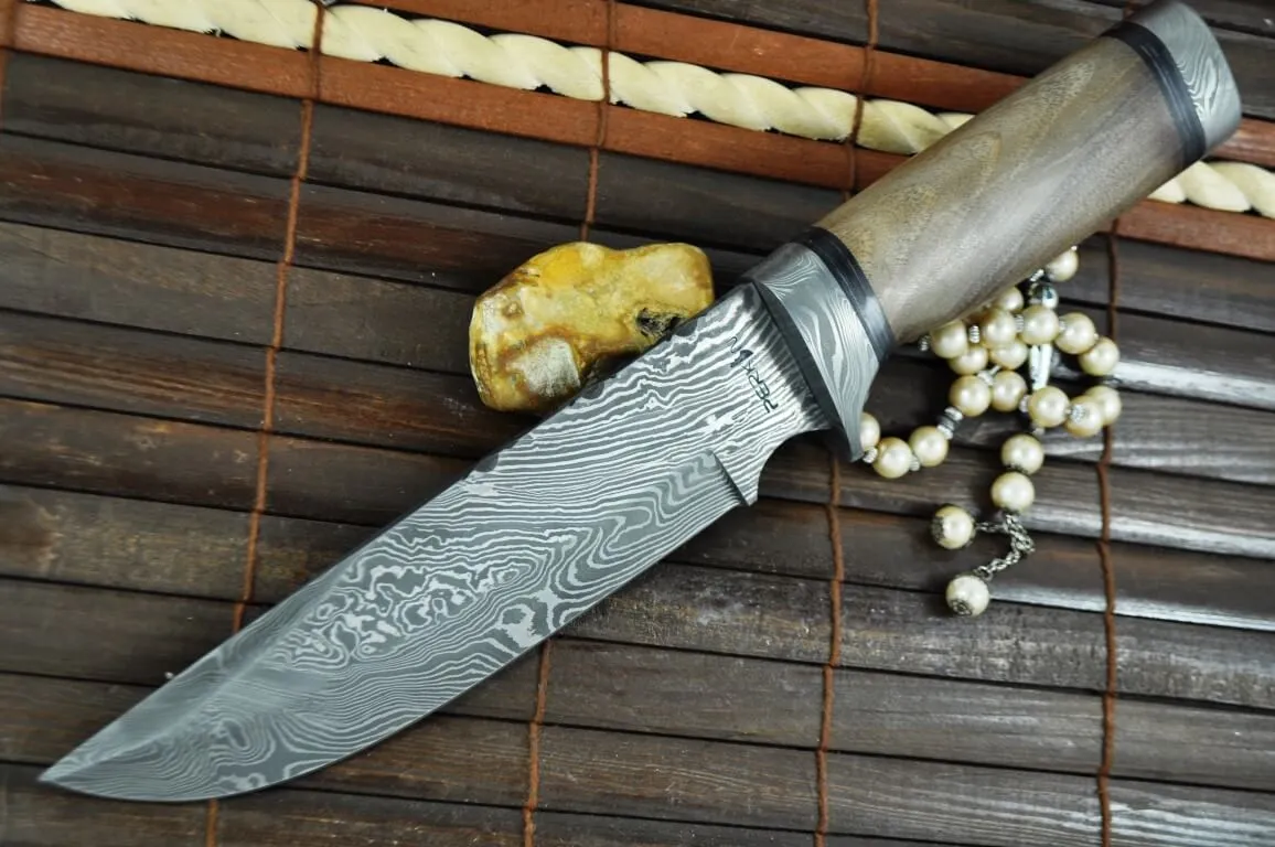 Fixed Blade Hunting Knife with Leather Sheath & Burl Wood Handle