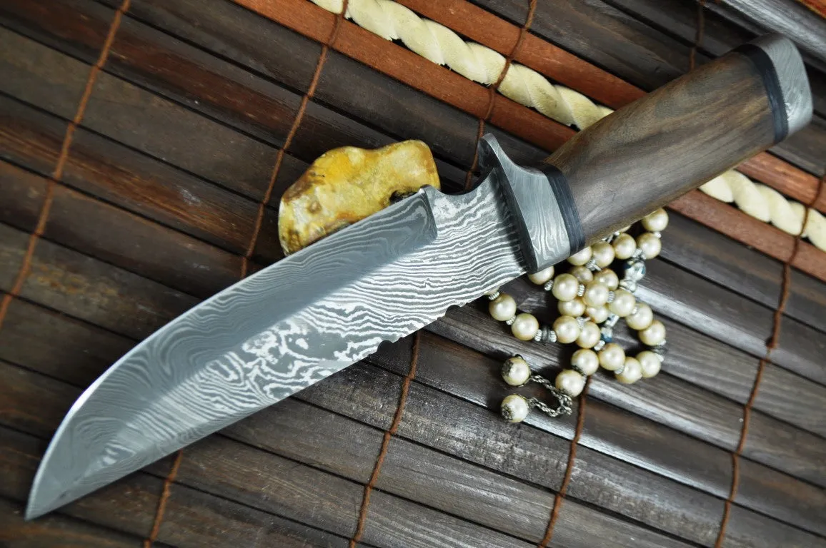 Fixed Blade Hunting Knife with Leather Sheath & Burl Wood Handle