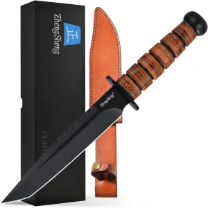 Fixed Blade Knife, 8.0” Black Titanium PVD Coating DC53 Steel Blade Full Tang Hunting Knives with Leather Sheath, Ergonomic Handle Bushcraft Bowie Knife for Camping, Hiking