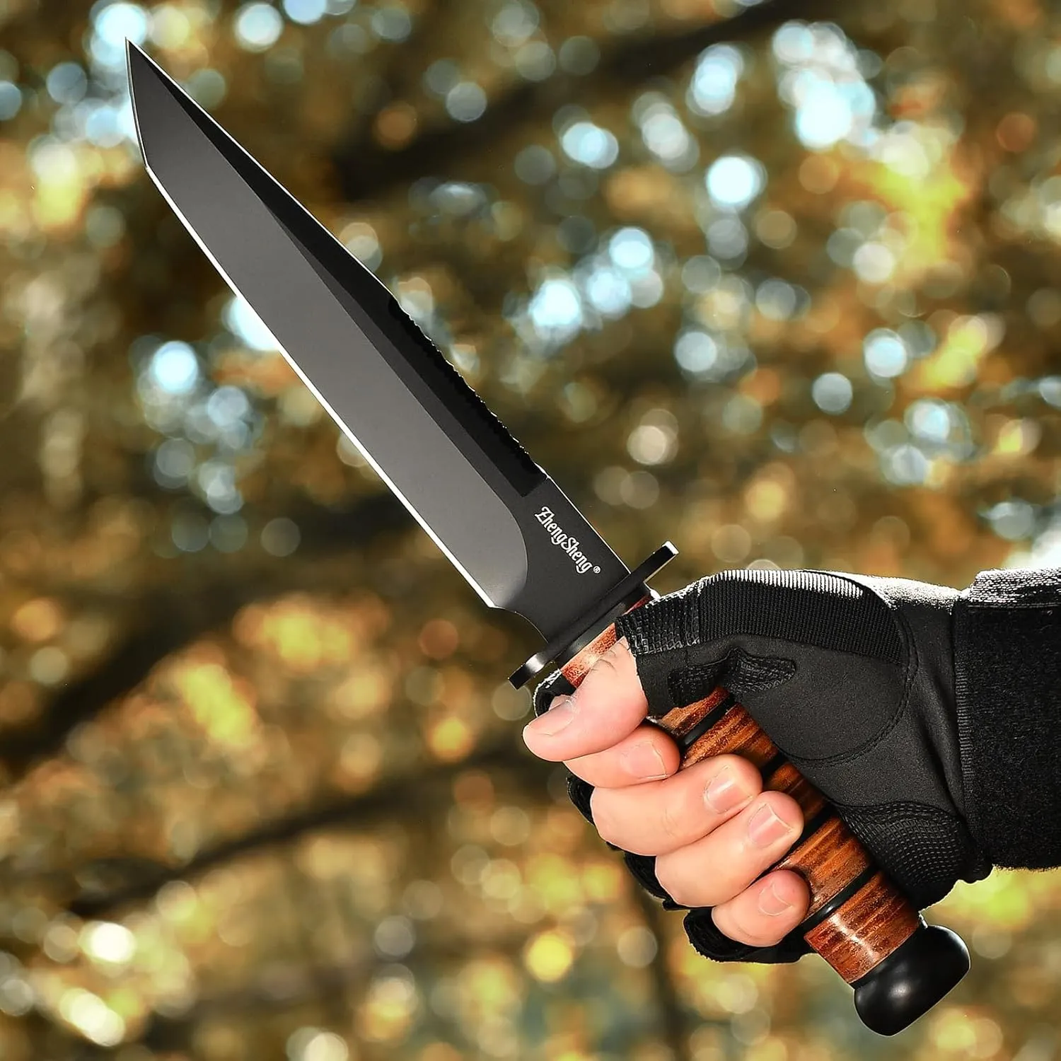 Fixed Blade Knife, 8.0” Black Titanium PVD Coating DC53 Steel Blade Full Tang Hunting Knives with Leather Sheath, Ergonomic Handle Bushcraft Bowie Knife for Camping, Hiking