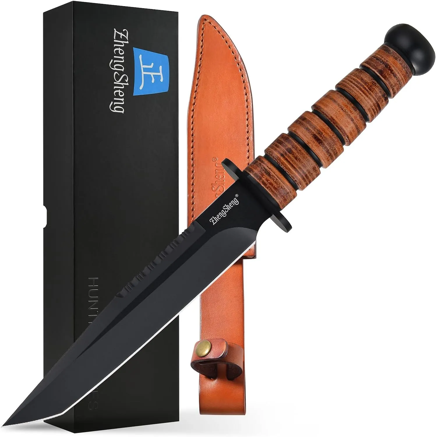 Fixed Blade Knife, 8.0” Black Titanium PVD Coating DC53 Steel Blade Full Tang Hunting Knives with Leather Sheath, Ergonomic Handle Bushcraft Bowie Knife for Camping, Hiking