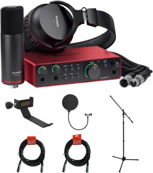 Focusrite Scarlett 2i2 Studio USB-C Audio Interface (4th Generation) with Condenser Microphone and Headphones Bundle with Tripod Mic Stand   Boom, Headphone Holder, Pop Filter & 2x XLR Cable