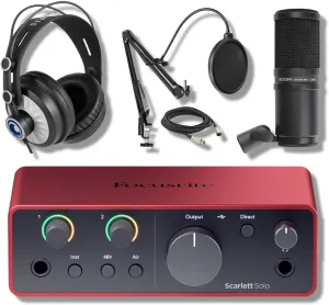 Focusrite Scarlett Solo 4G with Zoom ZDM-1 Dynamic Podcast and Vocal Microphone, StreamEye Cans50 Studio Headphones, Microphone Boom Arm, XLR Cable and Pop Filter Recording Bundle