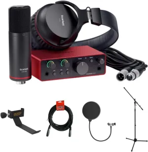 Focusrite Scarlett Solo Studio USB-C Audio Interface with Microphone and Headphones (4th Generation) Bundle with Clamp On Headphone Holder, Tripod Mic Stand   Boom, Kellopy Pop Filter & XLR Cable