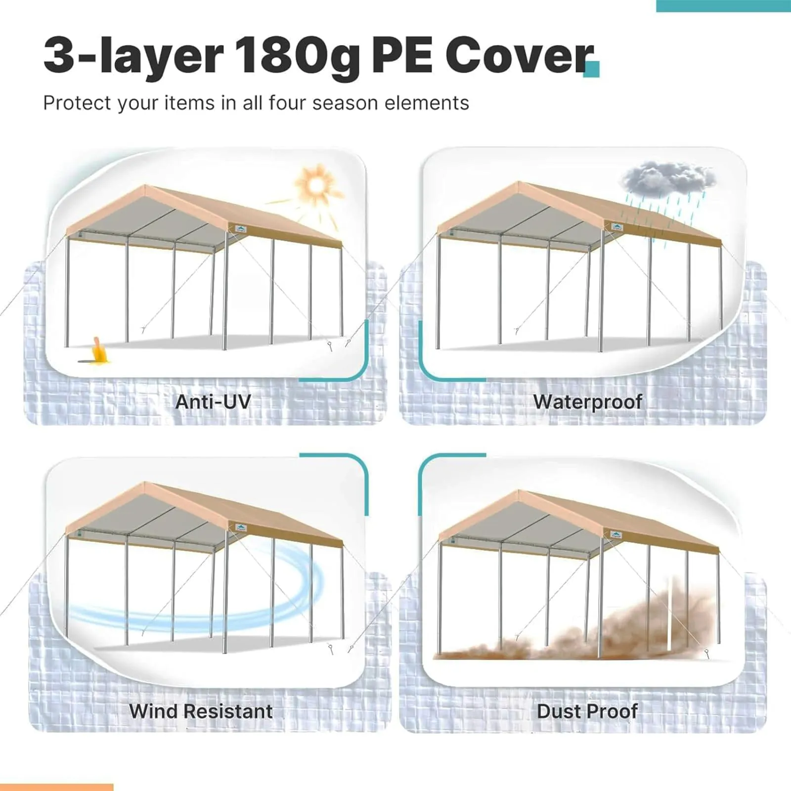 FORALEBEN Carport Replacement Canopy Cover for 10' x 20' Car Tent Top Garage Shelter Cover Tarp with Ball Bungees (Only Top Cover, Frame Not Include) Ginger