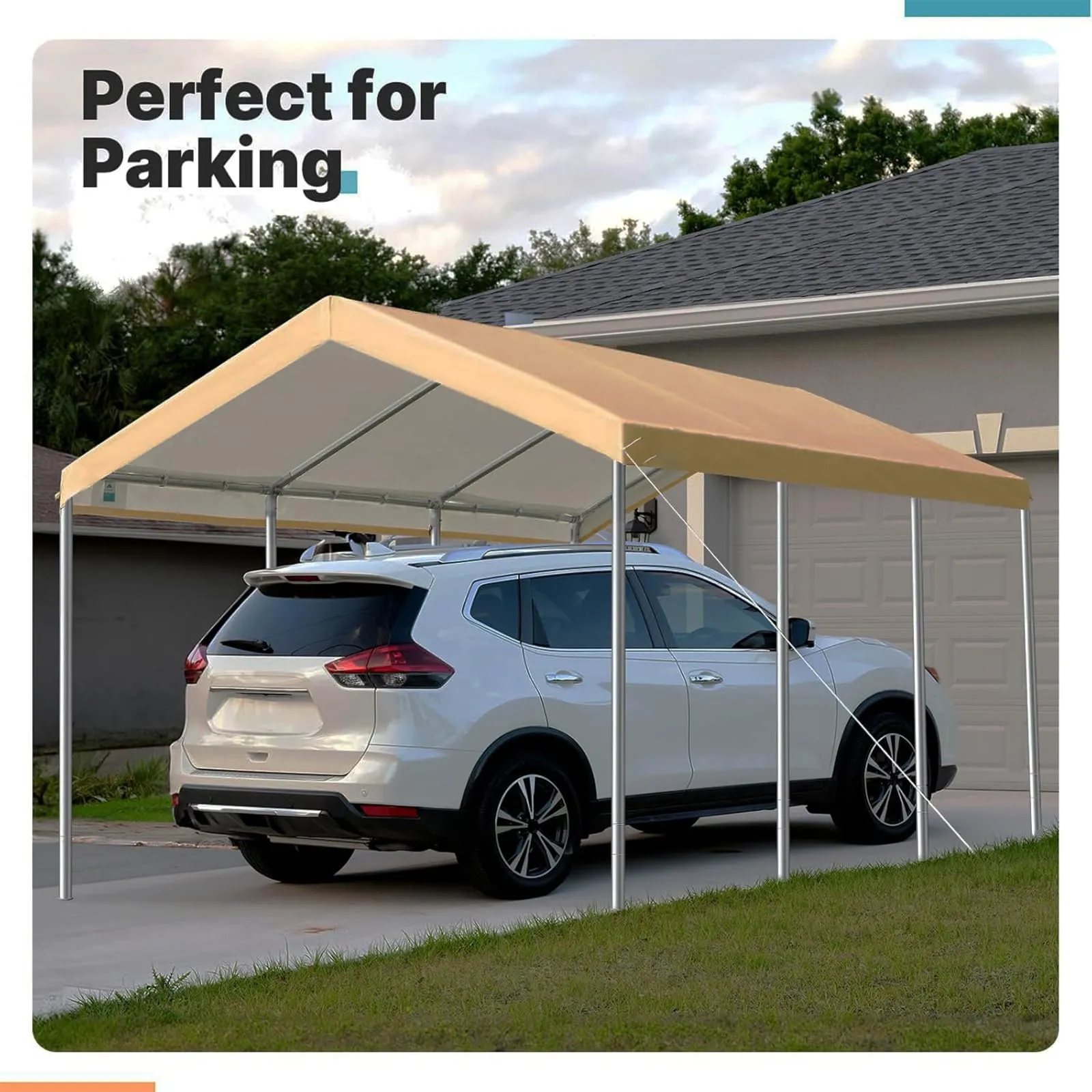 FORALEBEN Carport Replacement Canopy Cover for 10' x 20' Car Tent Top Garage Shelter Cover Tarp with Ball Bungees (Only Top Cover, Frame Not Include) Ginger