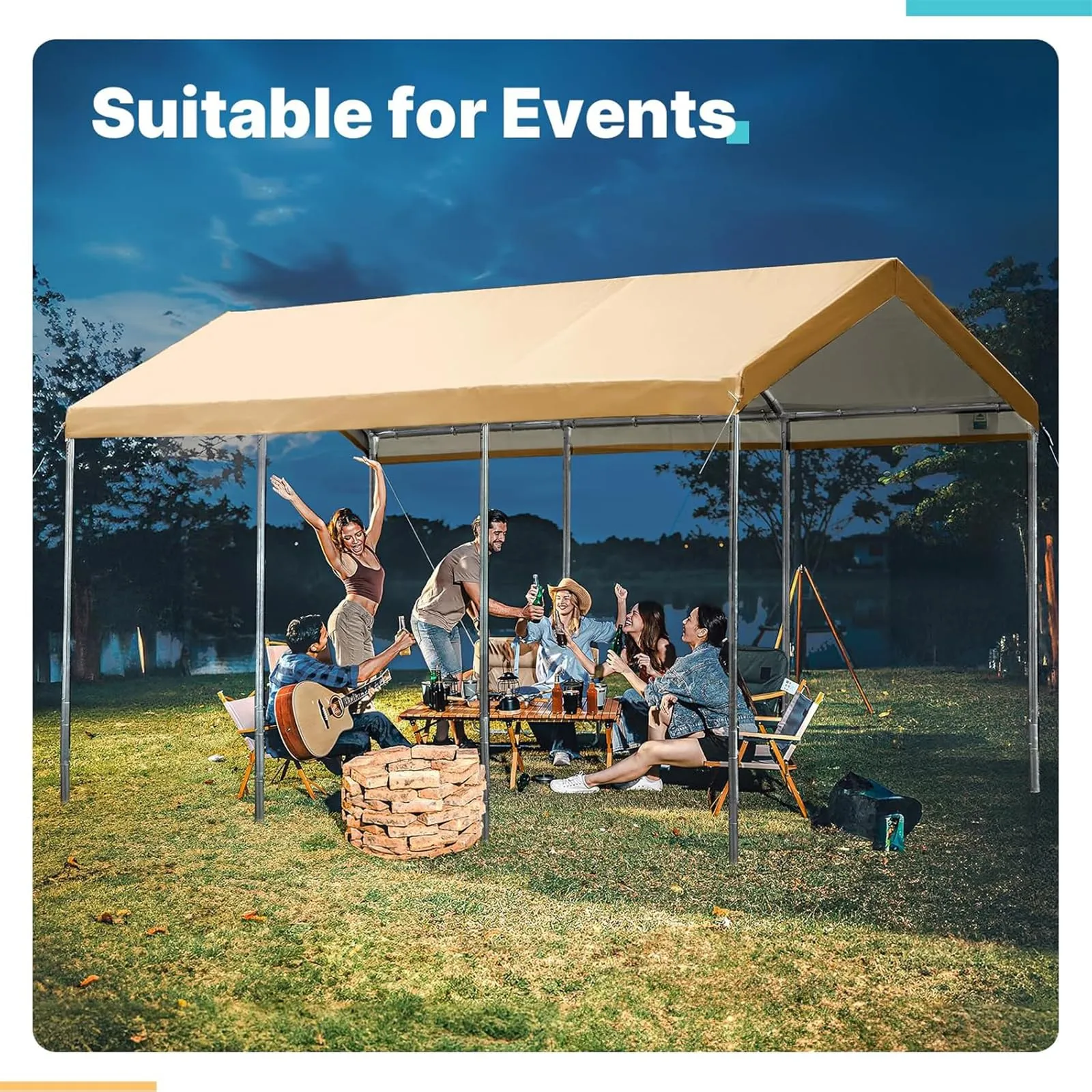 FORALEBEN Carport Replacement Canopy Cover for 12' x 20' Car Tent Top Garage Shelter Cover Tarp with Ball Bungees (Only Top Cover, Frame Not Include) (Beige, 12' x 20')