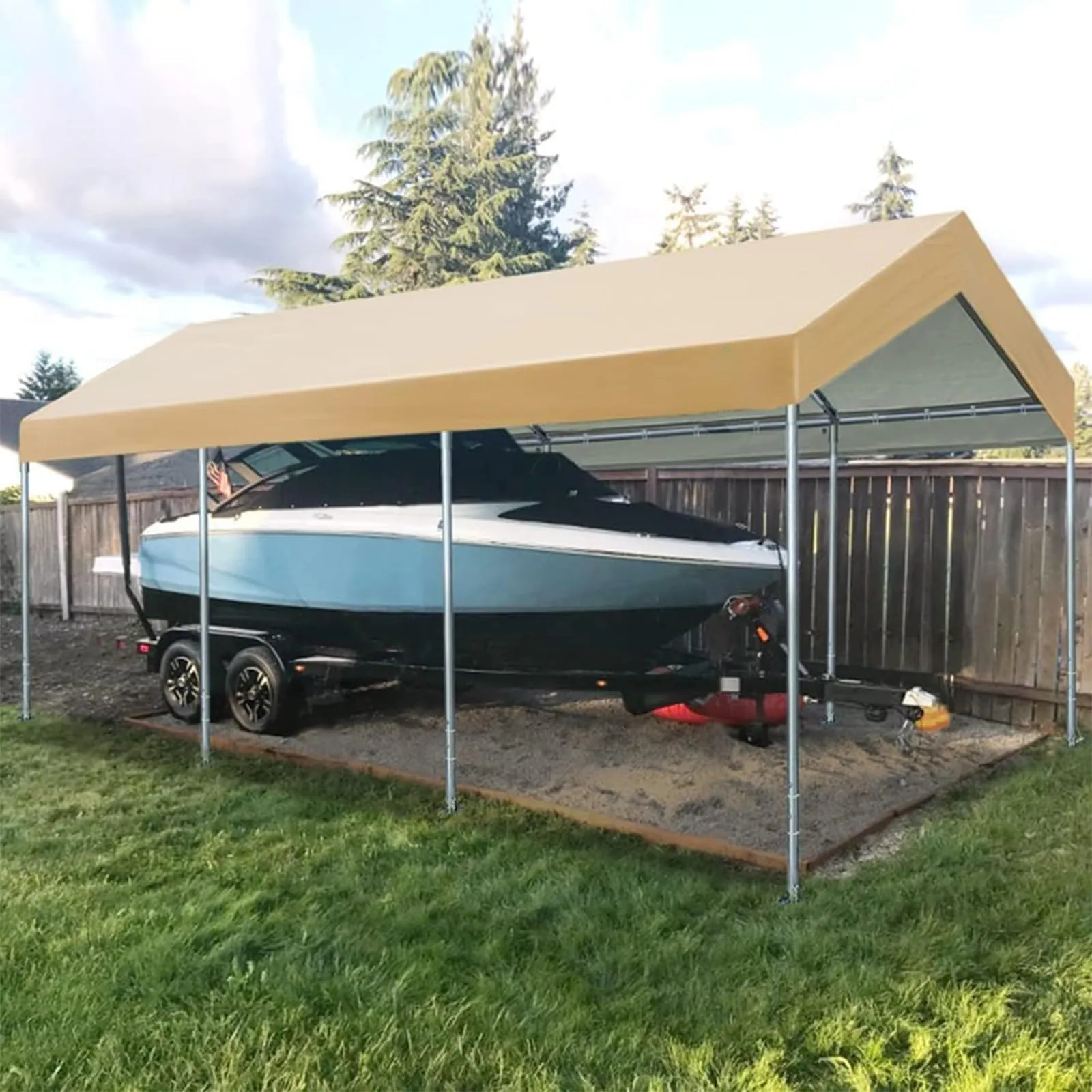 FORALEBEN Carport Replacement Canopy Cover for 12' x 20' Car Tent Top Garage Shelter Cover Tarp with Ball Bungees (Only Top Cover, Frame Not Include) (Beige, 12' x 20')
