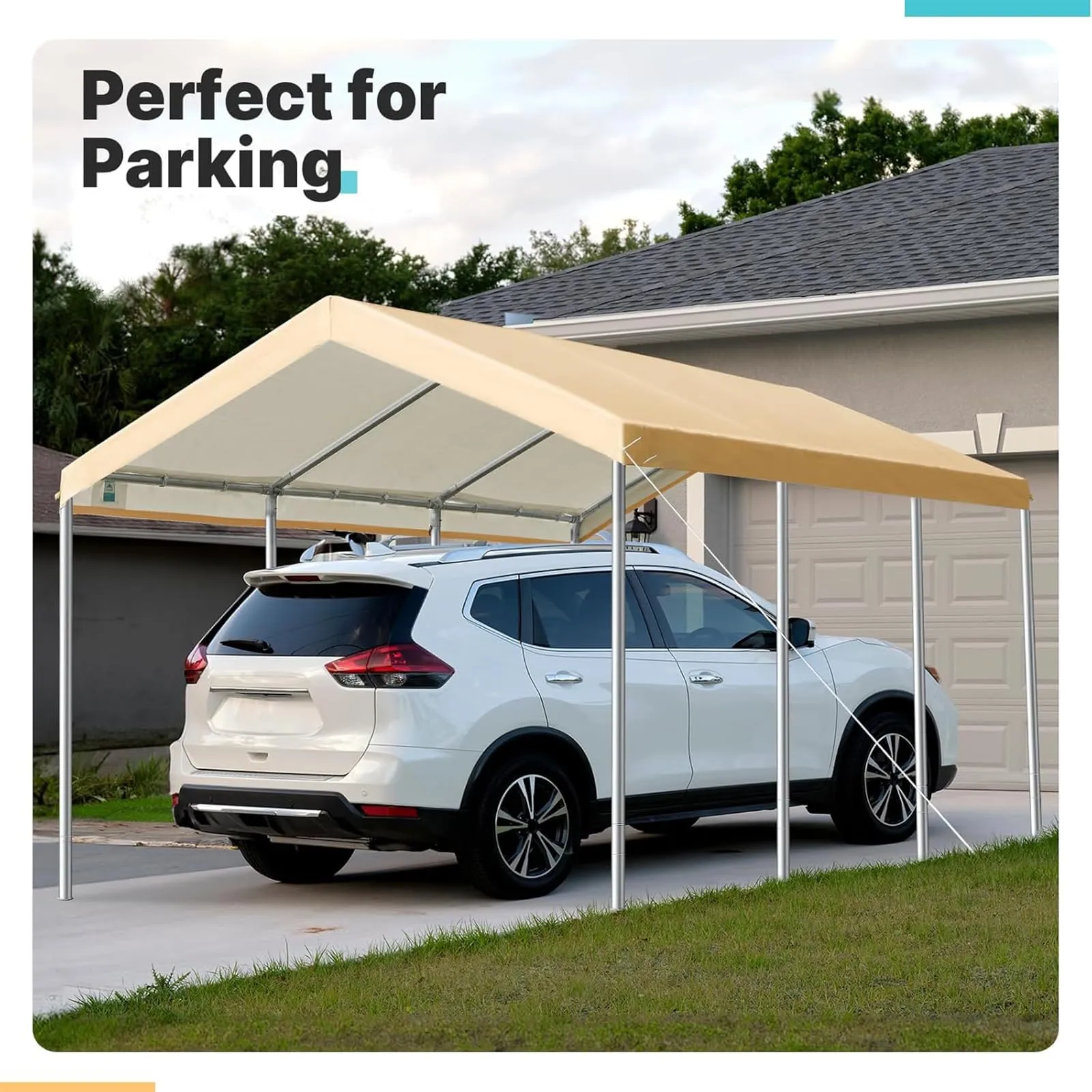 FORALEBEN Carport Replacement Canopy Cover for 12' x 20' Car Tent Top Garage Shelter Cover Tarp with Ball Bungees (Only Top Cover, Frame Not Include) (Beige, 12' x 20')