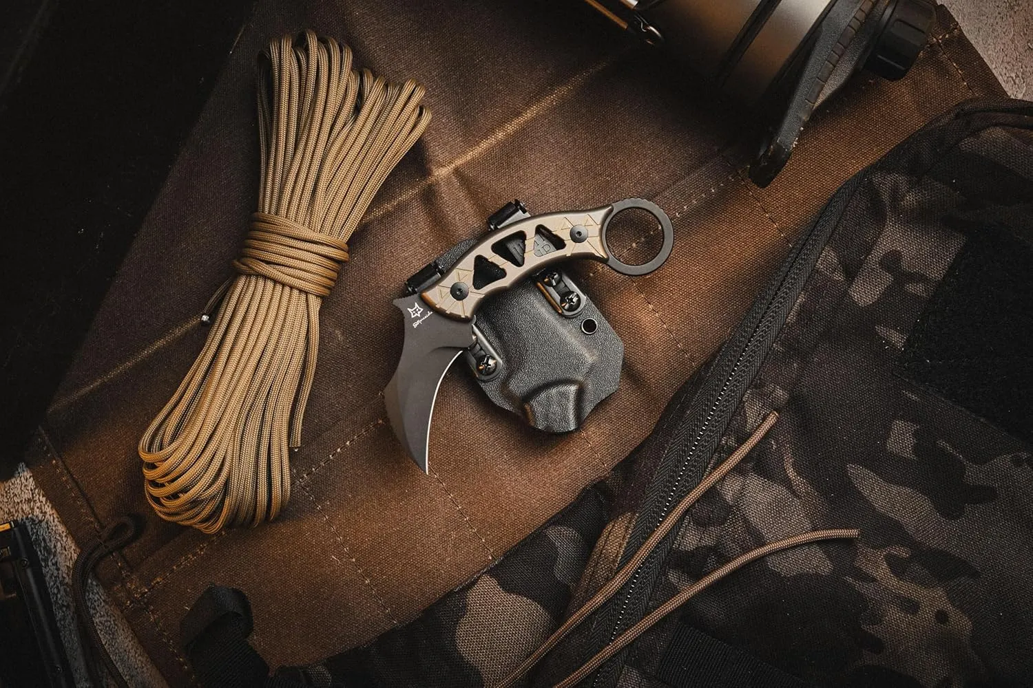 Fox Knives Tribal K Karambit Knife FX-803 TiPVD - M390 Stainless Steel Fixed Blade - Designed by Doug Marcaida - Titanium Bronze PVD Handle With Kydex Sheath