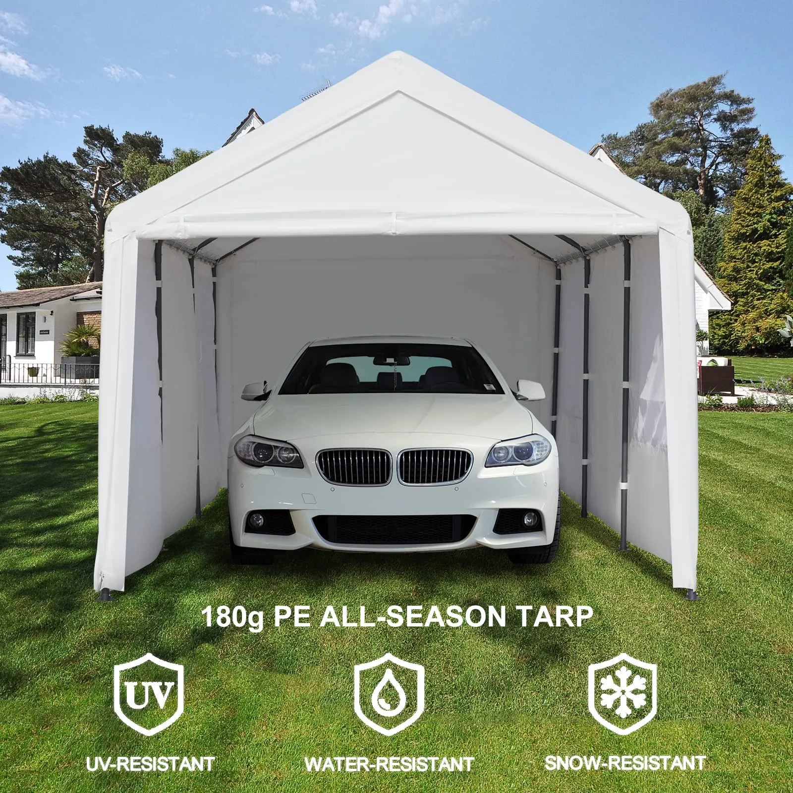 Gardesol Carport, 10' x 20' Heavy Duty Carport with Roll-up Ventilated Windows, Portable Garage with Removable Sidewalls & Doors for Car, Truck, Boat, Car Canopy with All-Season Tarp, White