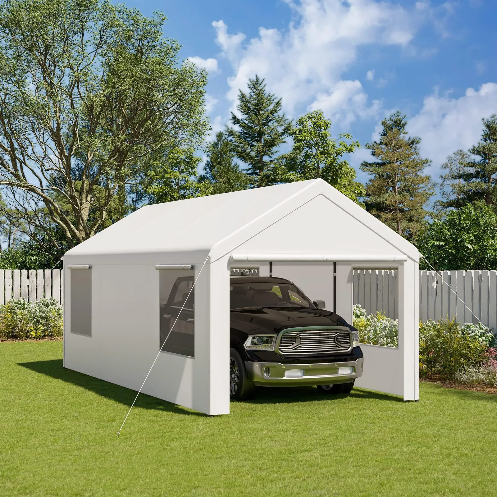Gardesol Carport, 10' x 20' Heavy Duty Carport with Roll-up Ventilated Windows, Portable Garage with Removable Sidewalls & Doors for Car, Truck, Boat, Car Canopy with All-Season Tarp, White
