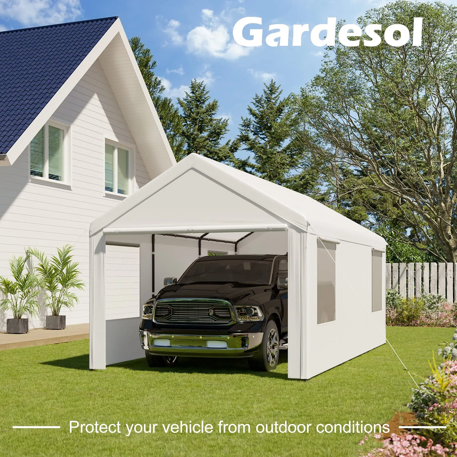 Gardesol Carport, 10' x 20' Heavy Duty Carport with Roll-up Ventilated Windows, Portable Garage with Removable Sidewalls & Doors for Car, Truck, Boat, Car Canopy with All-Season Tarp, White