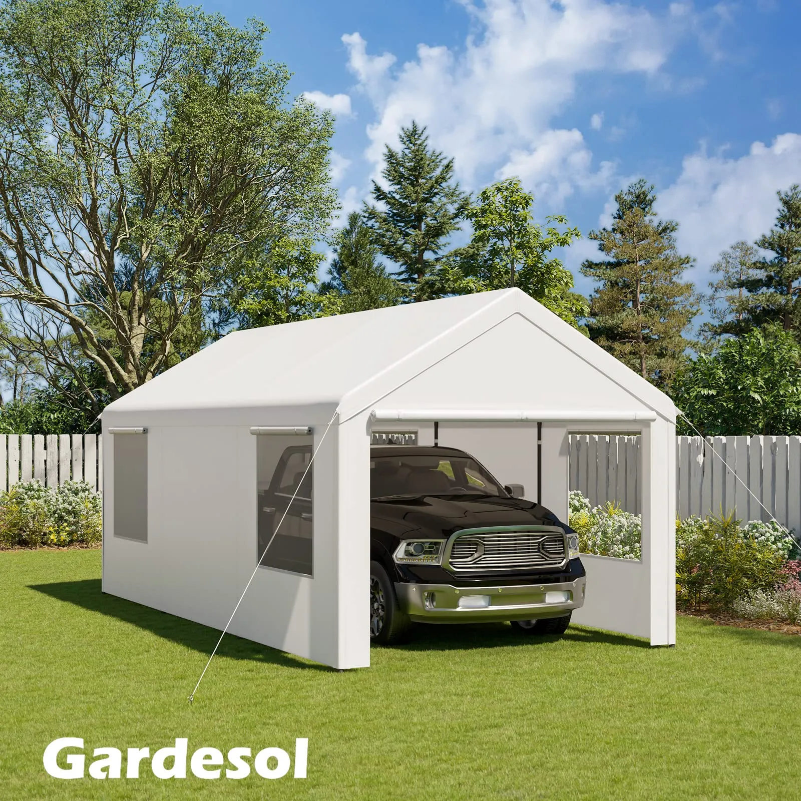 Gardesol Carport, 10' x 20' Heavy Duty Carport with Roll-up Ventilated Windows, Portable Garage with Removable Sidewalls & Doors for Car, Truck, Boat, Car Canopy with All-Season Tarp, White