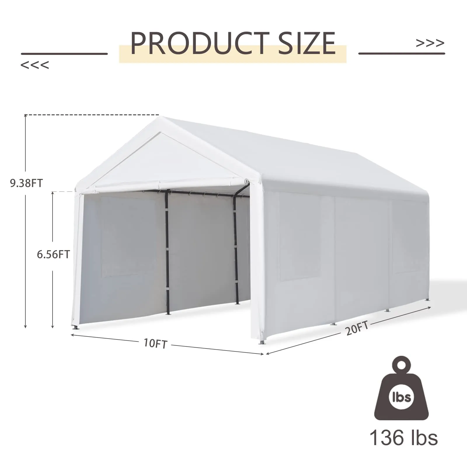 Gardesol Carport, 10' x 20' Heavy Duty Carport with Roll-up Ventilated Windows, Portable Garage with Removable Sidewalls & Doors for Car, Truck, Boat, Car Canopy with All-Season Tarp, White