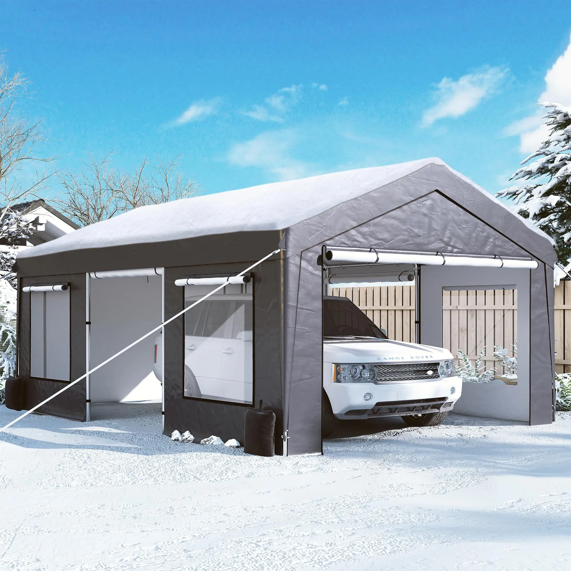 GARTOO Upgrade 12' x 20' Heavy Duty Carport - Extra Large Outdoor Shelter with Roll-up Ventilated Windows & Side Doors, Portable Garage for Car Truck Auto Motorcycle Boat Outdoor Events Party, Gray