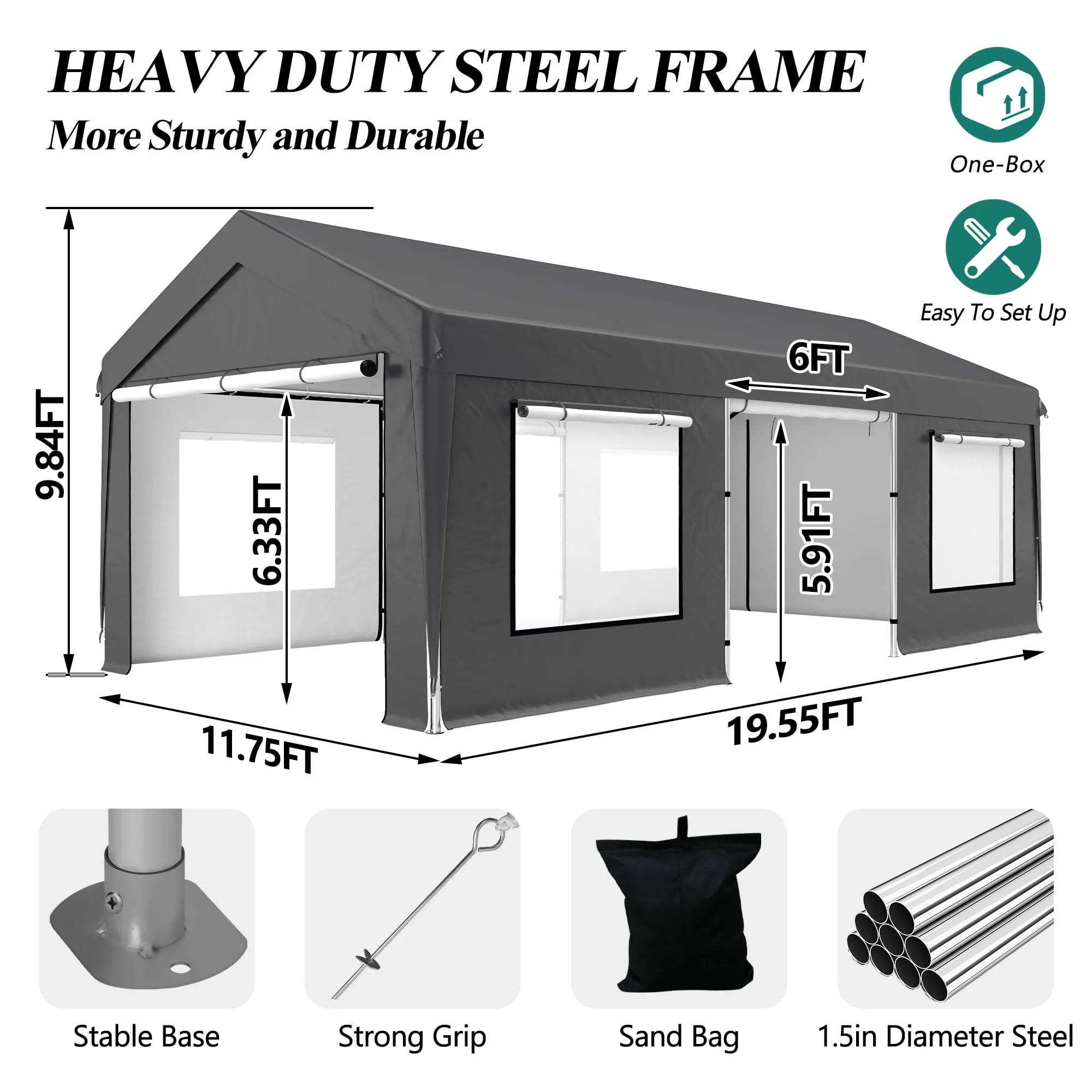 GARTOO Upgrade 12' x 20' Heavy Duty Carport - Extra Large Outdoor Shelter with Roll-up Ventilated Windows & Side Doors, Portable Garage for Car Truck Auto Motorcycle Boat Outdoor Events Party, Gray