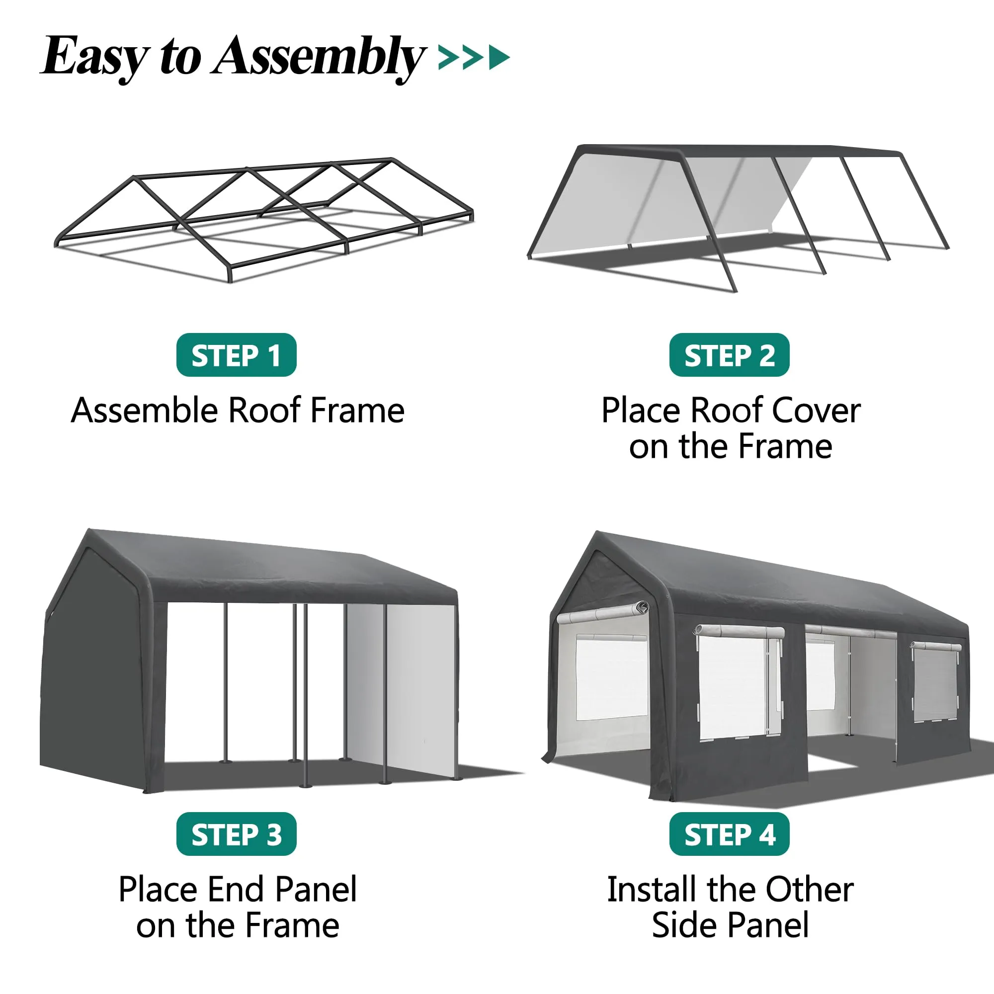 GARTOO Upgrade 12' x 20' Heavy Duty Carport - Extra Large Outdoor Shelter with Roll-up Ventilated Windows & Side Doors, Portable Garage for Car Truck Auto Motorcycle Boat Outdoor Events Party, Gray